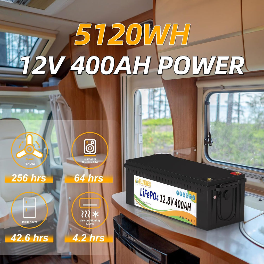 FLLYROWER 12V Lithium Battery 400AH with BMS and 16500 Deep Cycles 12V 400AH Lifepo4 Battery Grade A Cells for Marine Trolling Motor RV Camping Solar Golf Cart Off-Grid