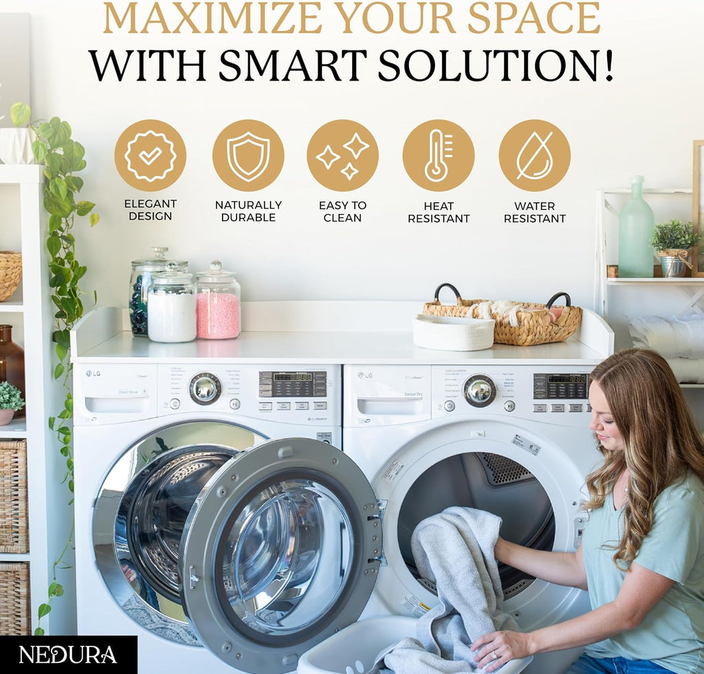 Nedura Washer Dryer Countertop for Washing Machine w/Anti-Vibration Pads &Curved Edge Rails, Premium Bamboo Laundry Countertop, Washer Dryer Topper, Laundry Room Organization, Laundry Accessory-White