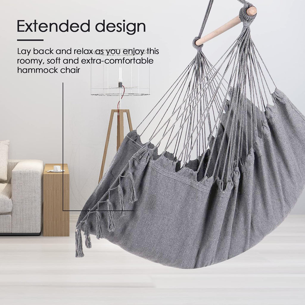 ZLX Hammock Chair Hanging Rope Swing with Hardware Kit and 2 Cushions, Handmade Macrame Hanging Chair for Bedroom Patio Yard Garden, Max 330 Lbs, Grey