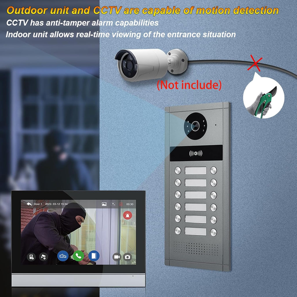 Wired Video Apartment Intercom System,6/12/18/24 Units 7 Inch Monitor 1080P Doorbell Intelligent Doorphone Kit with Motion Detection,Anti-Tamper Alarm,3 in 1 Unlock for Flat House,Tuya (12 Monitor)