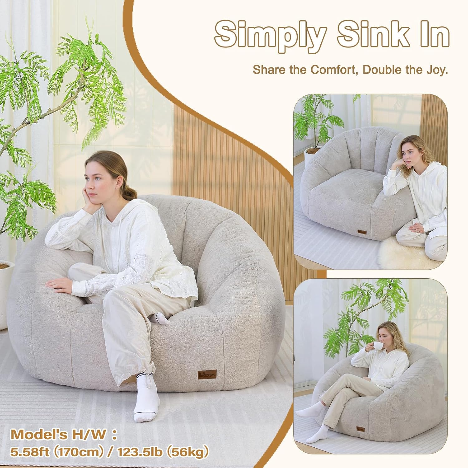 Giant Bean Bag Chair for Adults, Teens and Kids, Cozy Fluffy Corduroy Beanbag Chair with Filler, Large Floor Lounge Sofa for Living Room, Bedroom, Dorm, Gaming and Reading(L-Champagne)