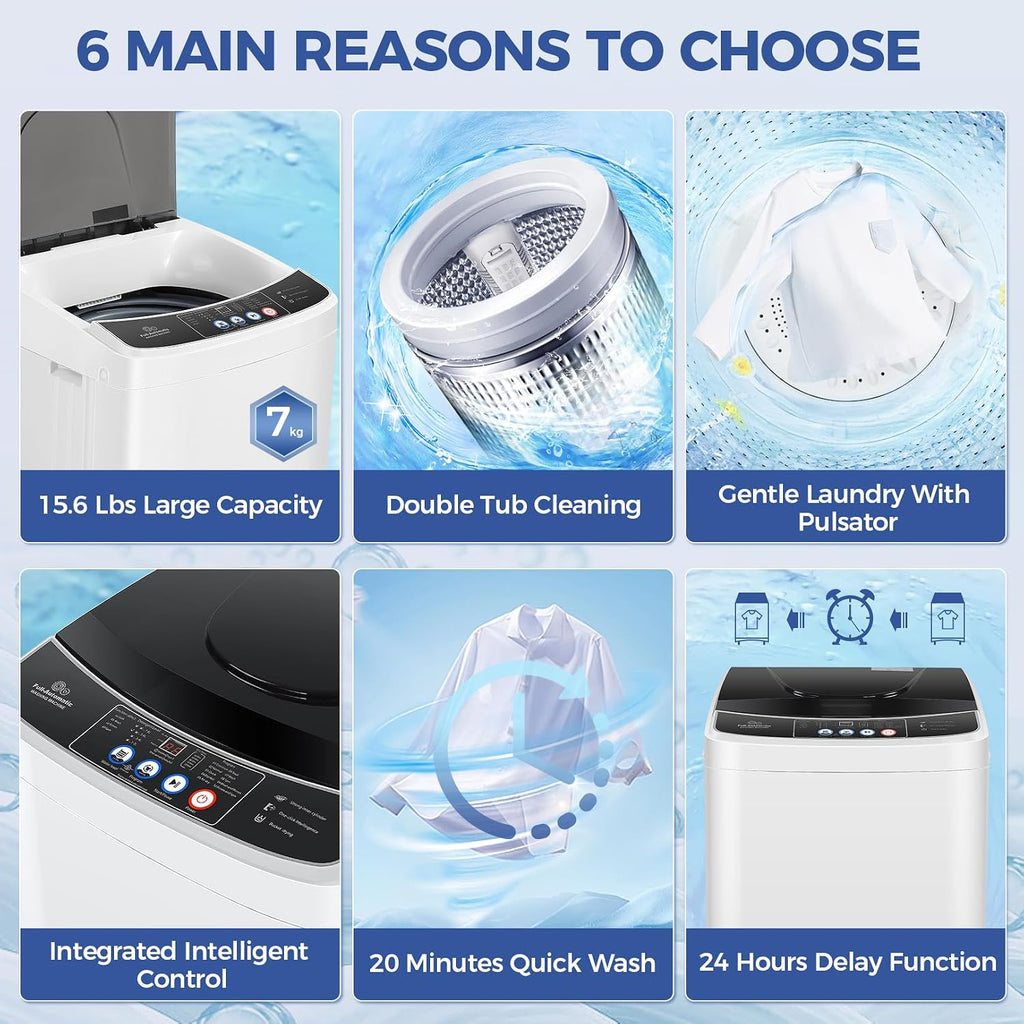 Nictemaw Portable Washing Machine 15.6Lbs Capacity Portable Washer with Drain Pump 2.1Cu.ft Full-Automatic Compact Washer with 10 Programs 8 Water Level for Home, Apartment, RV, Dorms