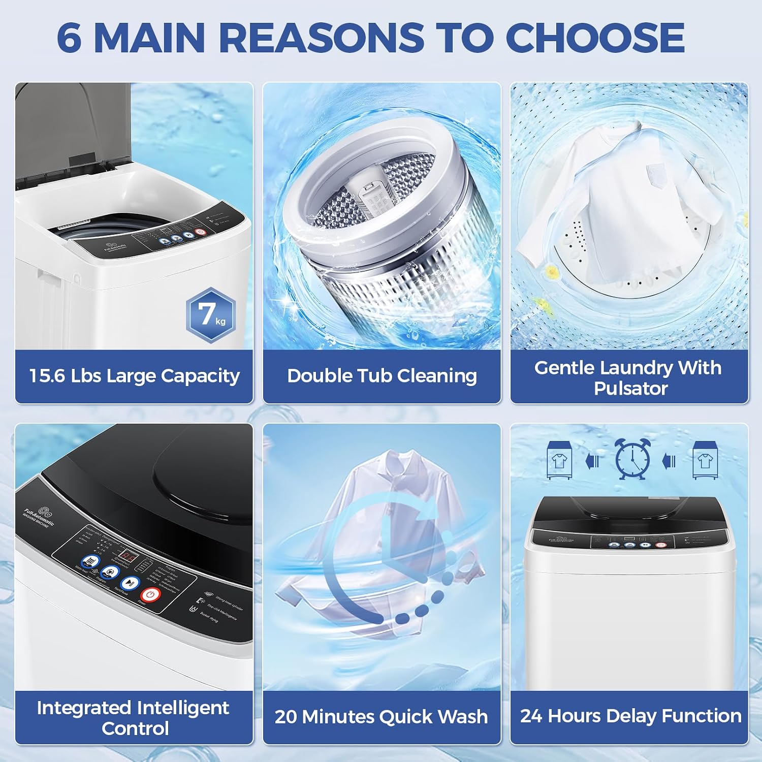Nictemaw Portable Washing Machine 15.6Lbs Capacity Portable Washer with Drain Pump 2.1Cu.ft Full-Automatic Compact Washer with 10 Programs 8 Water Level for Home, Apartment, RV, Dorms