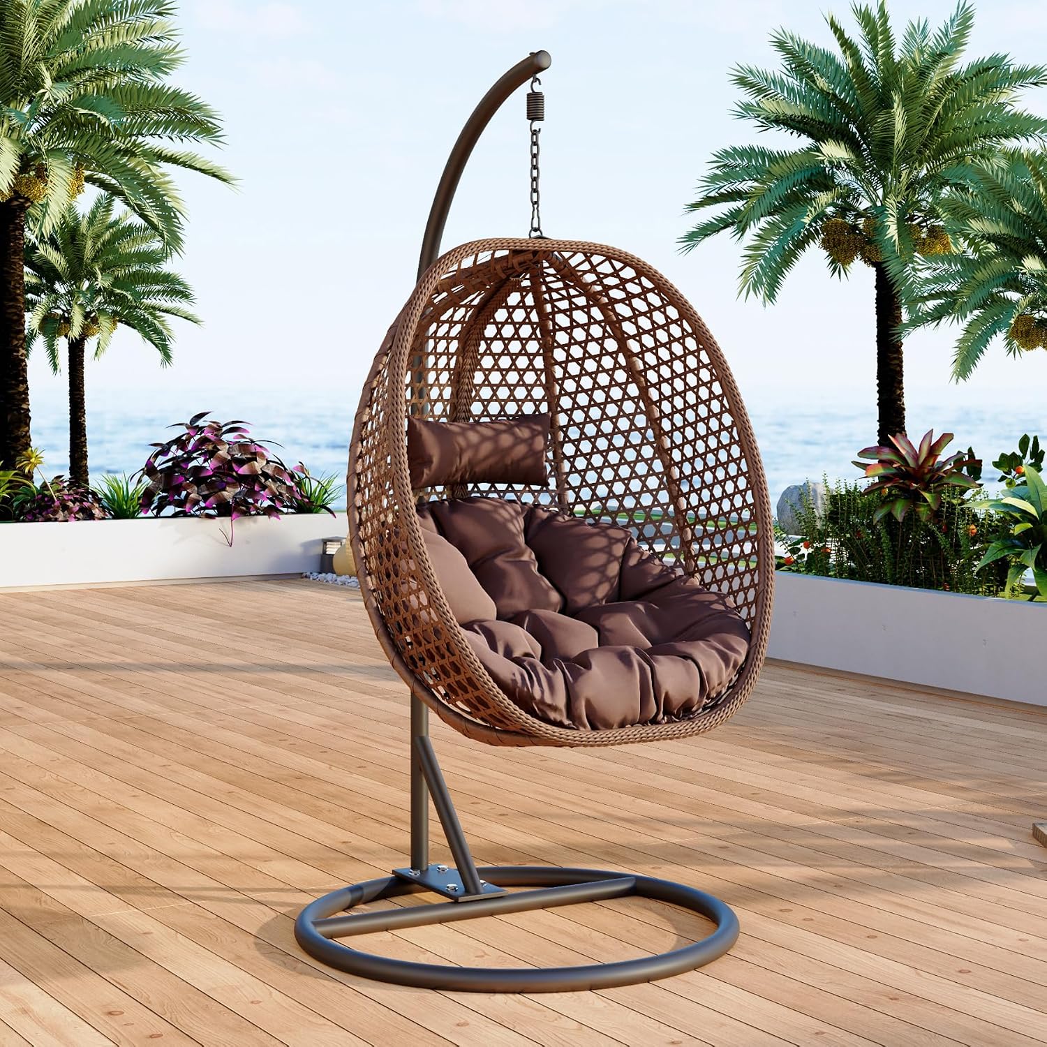 Egg Swing Chair with Stand for Outdoor Indoor, Hanging Egg Chair with Cushion and Pillow, Lounge Chair, Foldable Basket and Metal Stand for Porch, Patio, Bedroom, Balcony,Yard (Brown)