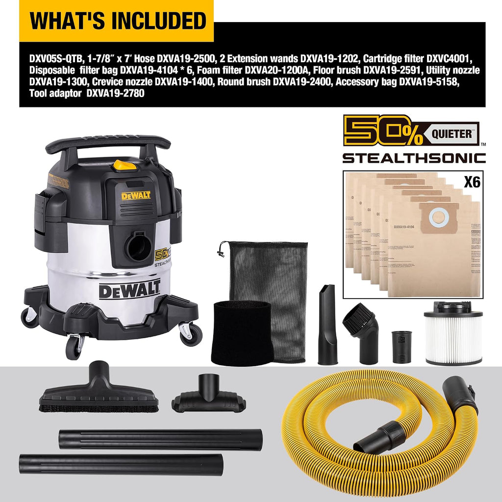 DEWALT 5 Gallon 4 HP STEALTHSONIC Shop Vacuum Wet and Dry DXV05S-QTB with 6 Dust Bags Ultra Quiet Stainless Steel Wet/Dry Vacuum Cleaner with Powerful Suction for Garage, Jobsite, and Workshop