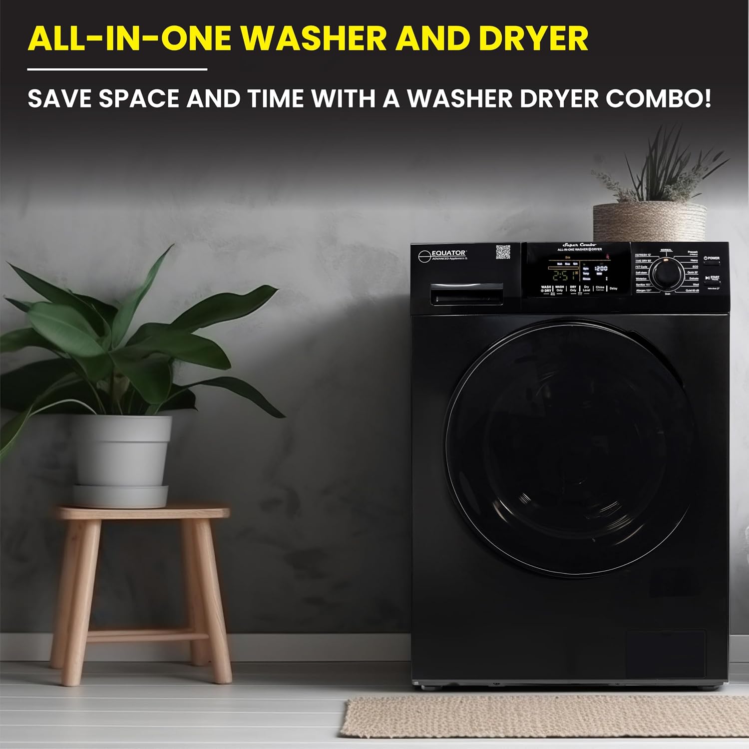 Equator All-in-One Washer Dryer VENTED-DRY 30% FASTER than Condense 15lb 110V in Black
