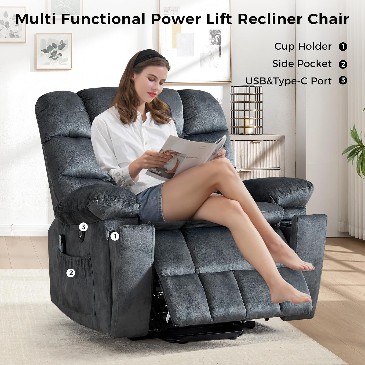 IOMOR Power Lift Recliner Chair for Elderly with Massage and Lumbar Heating, Overstuffed Electric Lift Chair with 2 Side Pockets and Cup Holders, USB & Type-C for Living Room, Textile Green Gray