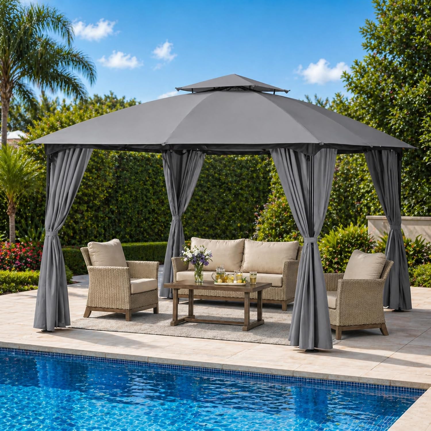 LAUSAINT HOME 10x10 Patio Arc Gazebo Outdoor Canopy Tent with Curtains, Soft Top Party Shelter with Expansion Bolts and Wind-Resistant Ropes for Backyard, Garden, Lawn, Deck, Grey