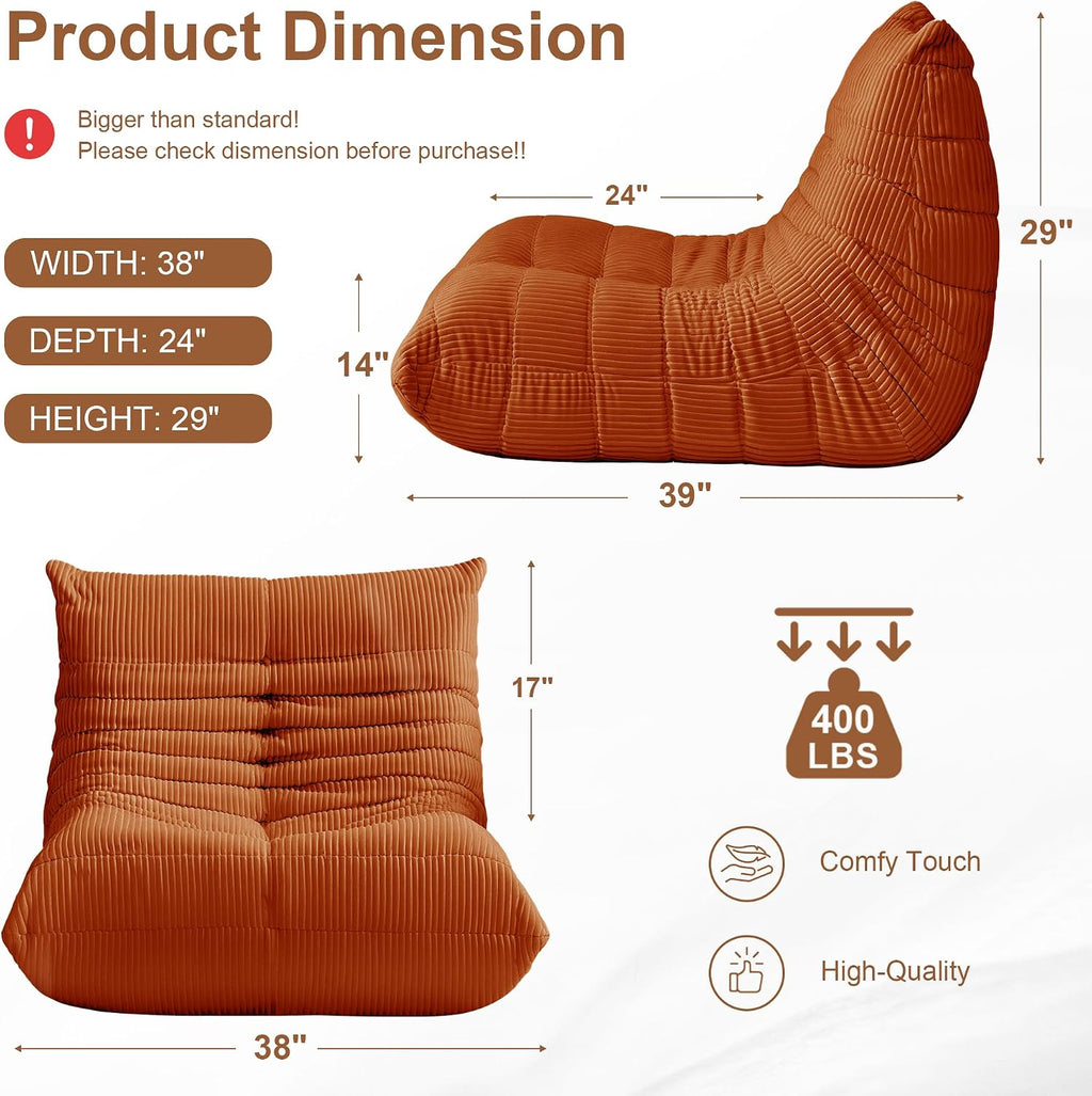 Bean Bag Chair for Adults, Giant Bean Bag Chairs with Lumbar Pillow, Oversized Corduroy Memory Foam Boneless Chair with High-Rebound, Lazy Floor Sofa for Reading Gaming Living Room Bedroom, Orange