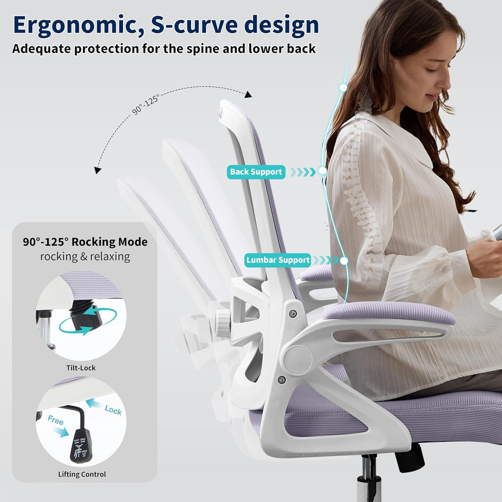 Ergonomic Office Chair, Desk Chair with Adjustable Lumbar Support, Breathable Mesh Comfy Computer Chairs with Flip-up Armrests Executive Task Chair for Adults Home Office(Lavender)