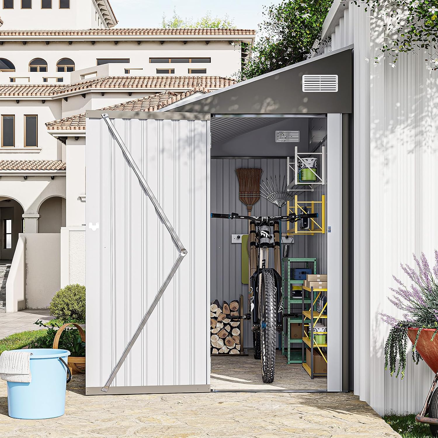 8 X 4 Ft Outdoor Storage Shed, Metal Garden Tool Shed with Lockable Door, Outdoor Door Storage Cabinet for Patio, Garage, Poolside, Bikes, and Garden (Gray)