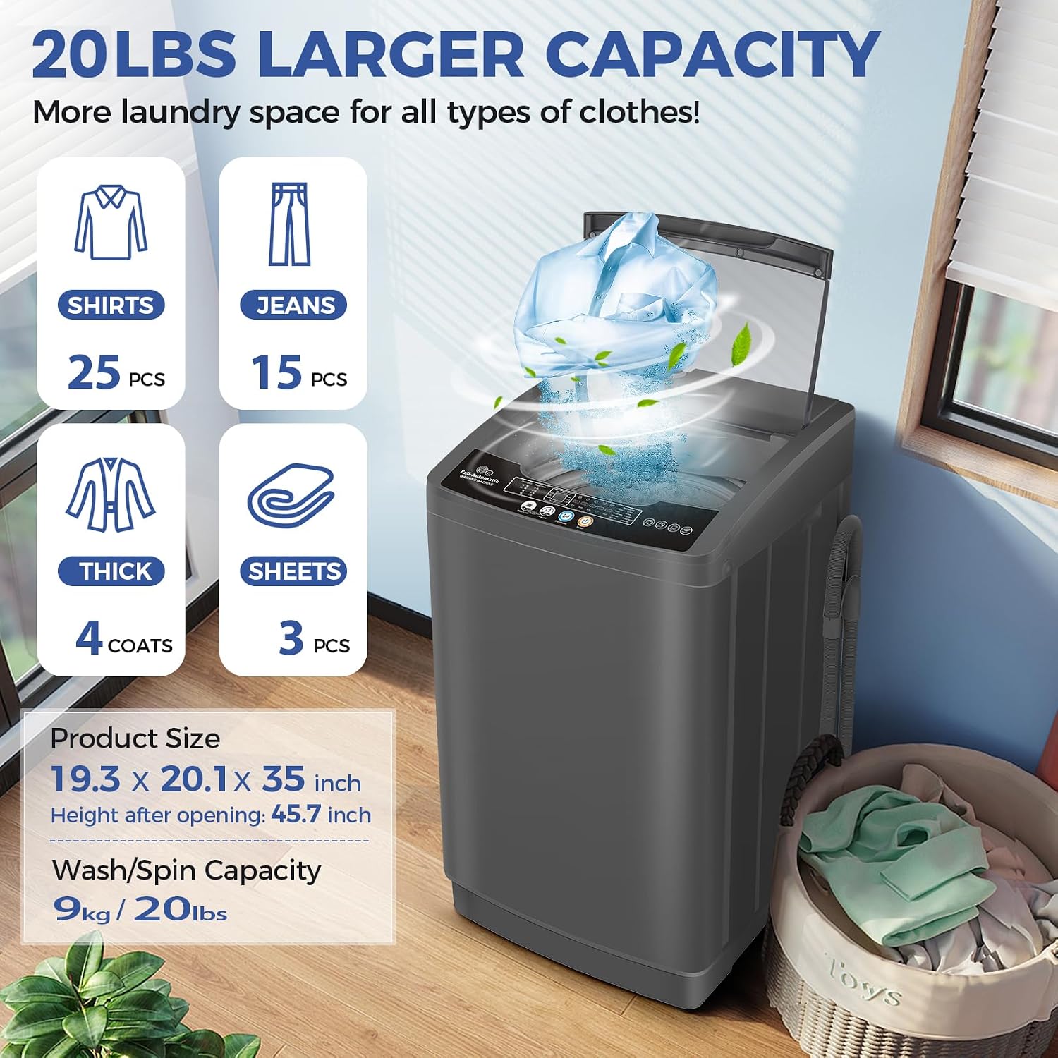 Nictemaw Portable Washing Machine, 20Lbs Capacity Full-Automatic Portable Washer, 2.8Cu.ft Washer and Dryer Combo with Drain Pump, LED Display, 10 Programs & 8 Water Levels for Apartment Dorm RV