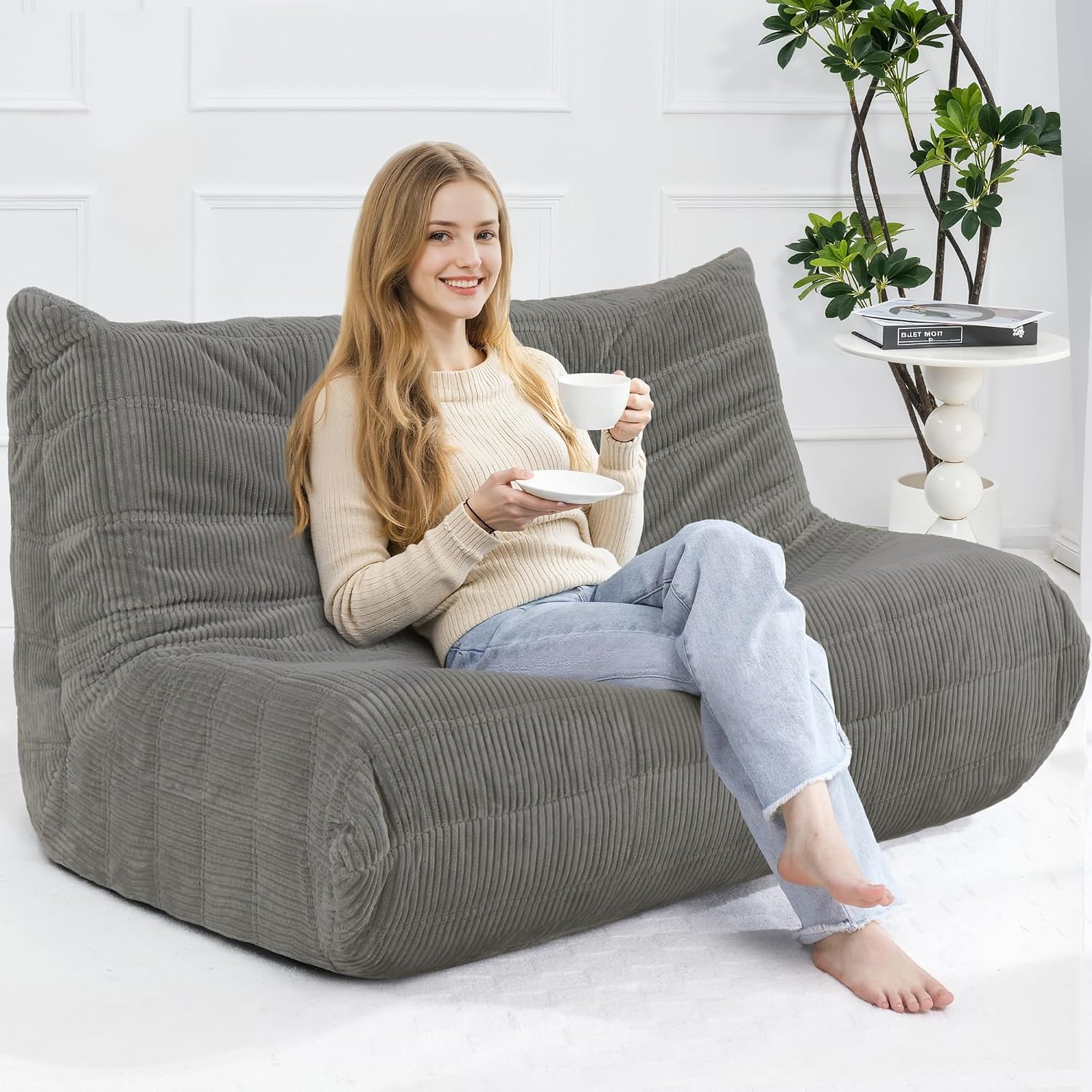 Bean Bag Chair,Giant Beanbag Chairs for Adults,Comfy Large Fireside Chair Lazy Sofa,Corduroy Bean Bag Lounger with Memory Foam Filled,Floor Sofa Couch for Living Room (Light Grey, Loveseat)