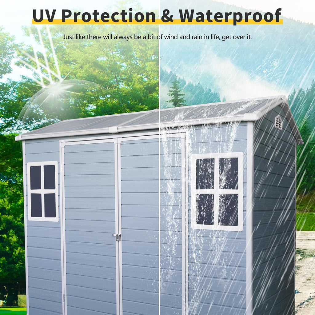 Plastic Storage Shed with Floor, Resin Shed with Floor, 8x4FT Outdoor Shed with 2 Windows and Lockable Door Sheds for Garden Tools, Bike
