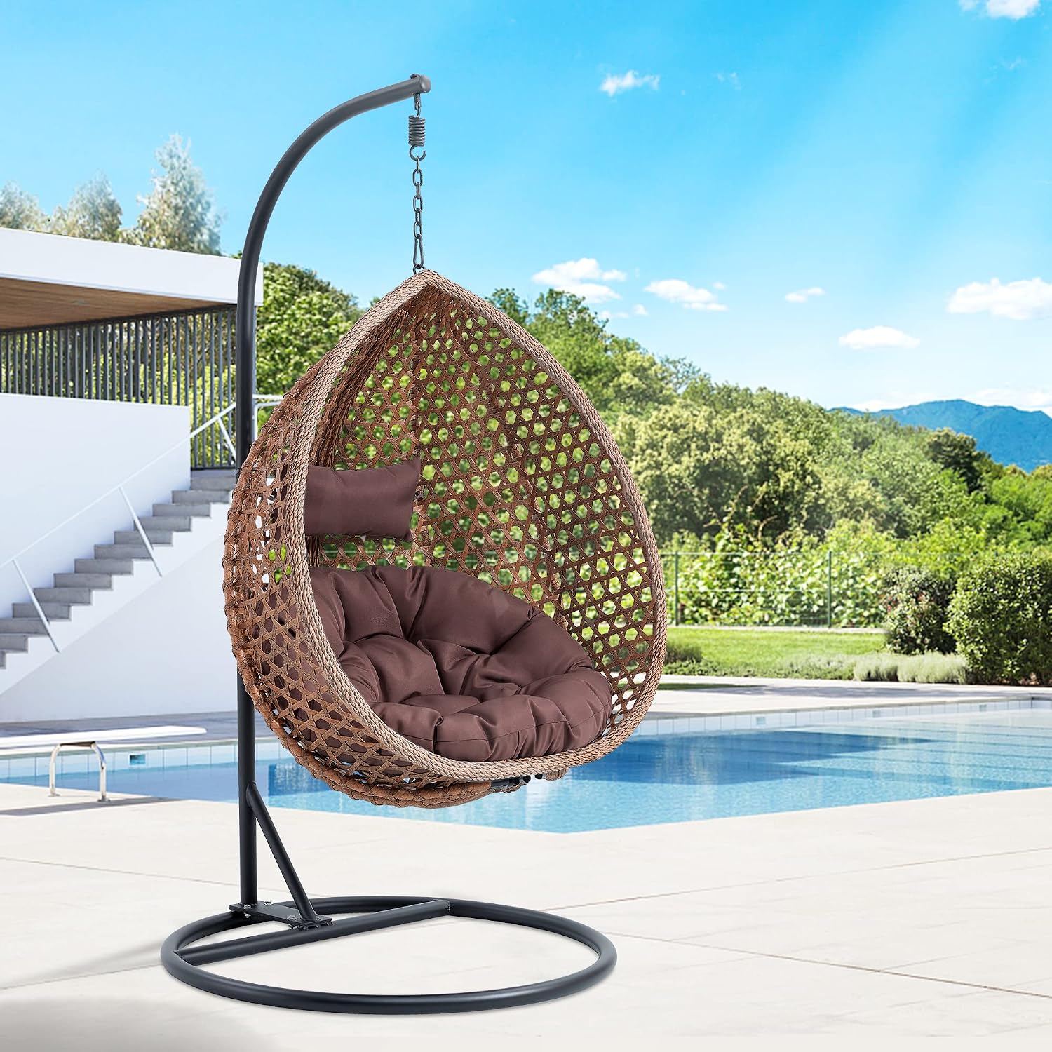 Egg Swing Chair with Stand,Brown Swing Egg Chair with Stand, Rattan Hanging Egg Chairs with Soft Cushion, Outdoor Hanging Chair with Foldable Basket & Metal Stand for Bedroom Patio (Brown)