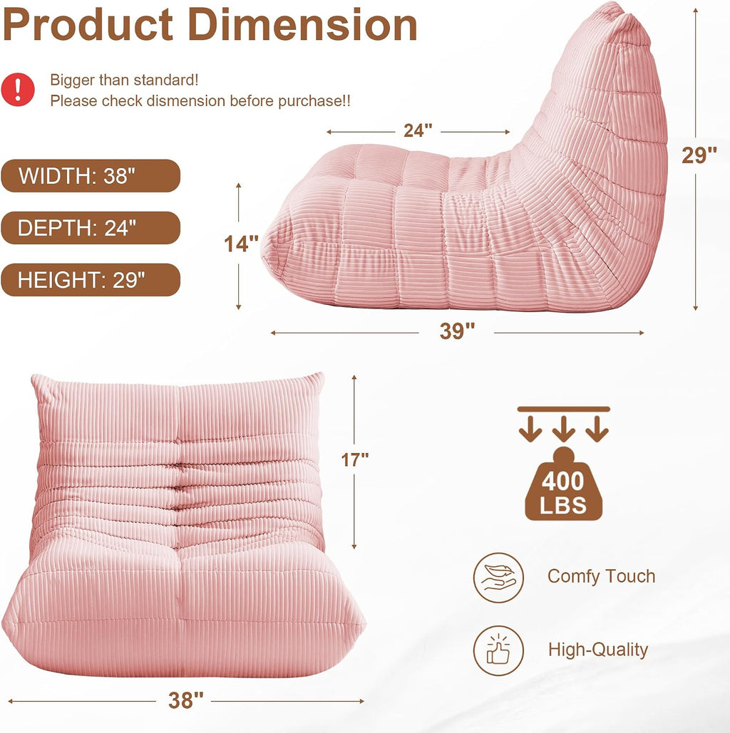 Bean Bag Chair for Adults, Giant Bean Bag Chairs with Lumbar Pillow, Oversized Corduroy Memory Foam Boneless Chair with High-Rebound, Lazy Floor Sofa for Reading Gaming Living Room Bedroom, Pink