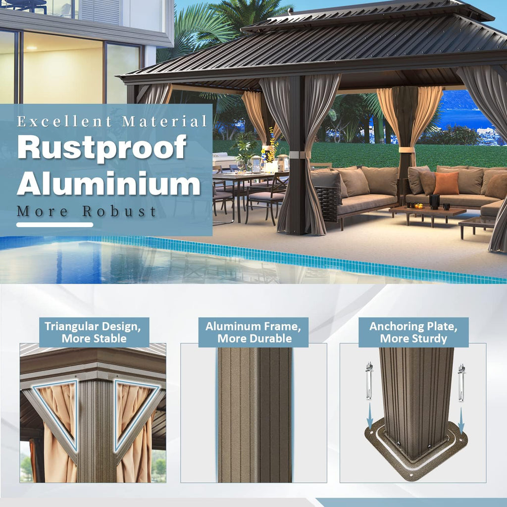 MELLCOM 12'x20' Hardtop Gazebo, Galvanized Steel Metal Double Roof Aluminum Gazebos with Curtains and Netting, Brown Permanent Pavilion with Aluminum Frame for Patio, Lawn & Garden