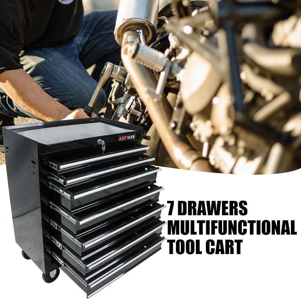 7-Drawers Multifunctional Tool Boxes on Wheels, Lockable 4' Casters Tool Cart Cabinet, Powder-coated Steel Rolling Tool Chest with Key for Garage, Warehouse, Repair Shop, 231LBS Capacity - Black