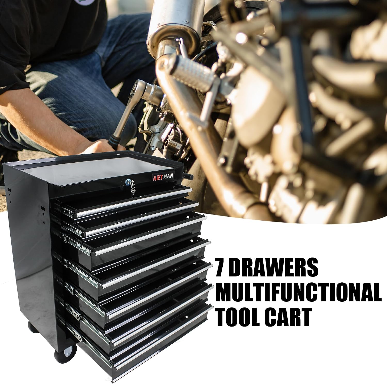 7-Drawers Multifunctional Tool Boxes on Wheels, Lockable 4' Casters Tool Cart Cabinet, Powder-coated Steel Rolling Tool Chest with Key for Garage, Warehouse, Repair Shop, 231LBS Capacity - Black