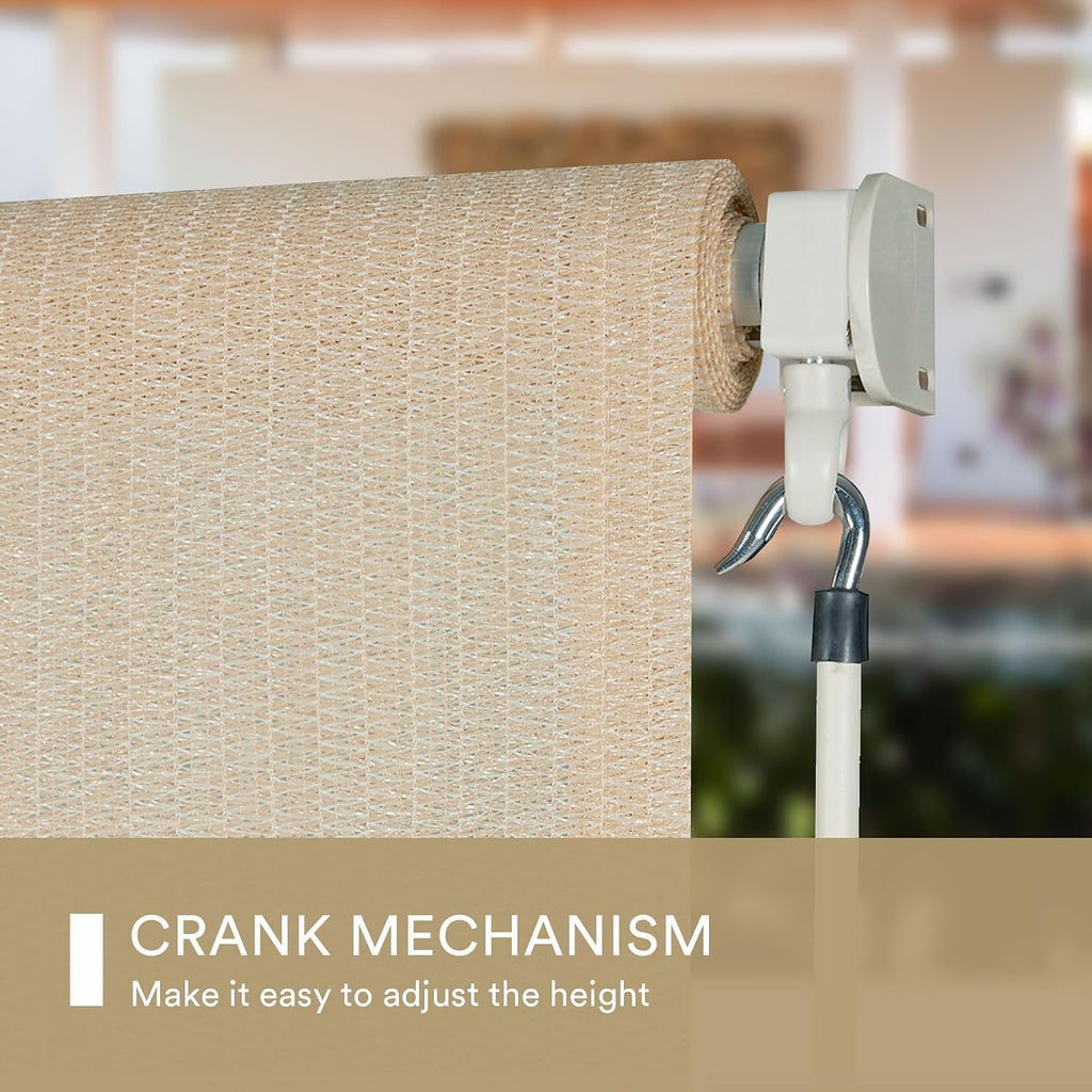DIFY 9 * 8FT Outdoor Roller Shade, Cordless Patio Roller Up Blinds for Yard Deck Porch, Wand Crank Operation, Wheat