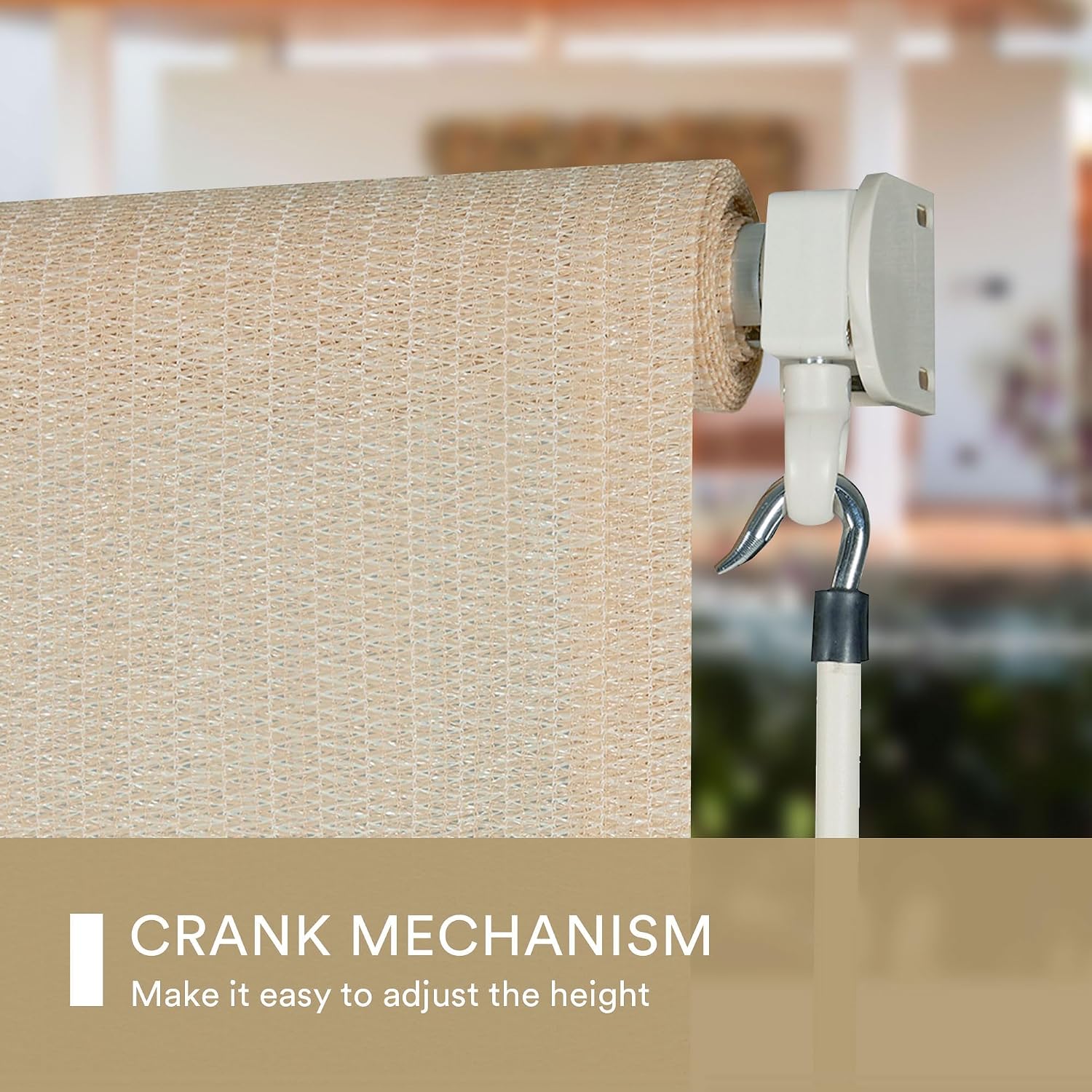 DIFY 10 * 8FT Outdoor Roller Shade, Cordless Patio Roller Up Blinds for Yard Deck Porch, Wand Crank Operation, Wheat