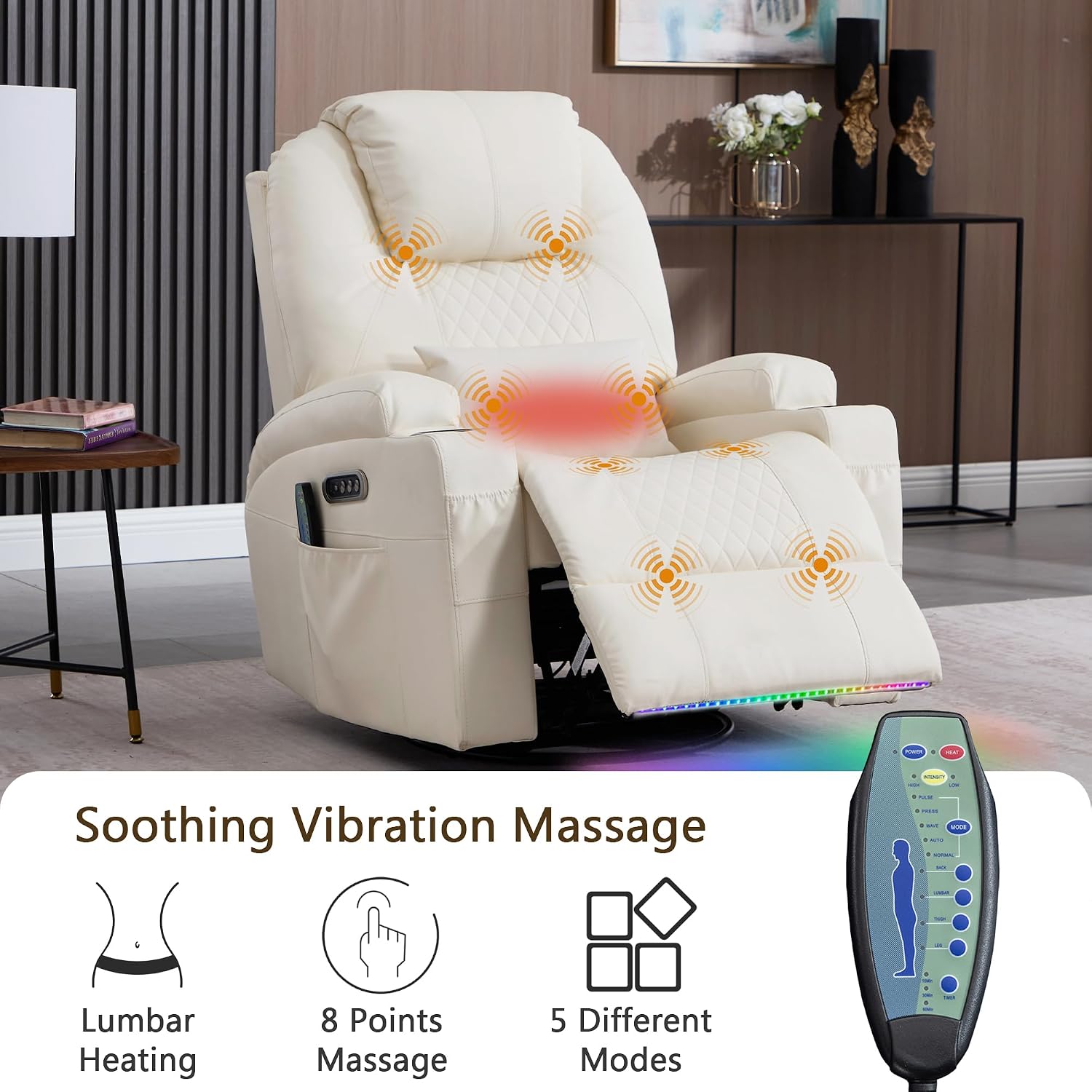 Dual Motor Power Swivel Rocker Recliner Chair with Heat and Massage,Electric Glider Rocking Chairs for Nursery,Theater Seating with LED Lights, USB A/USB C Ports for Living Room (1, Beige)