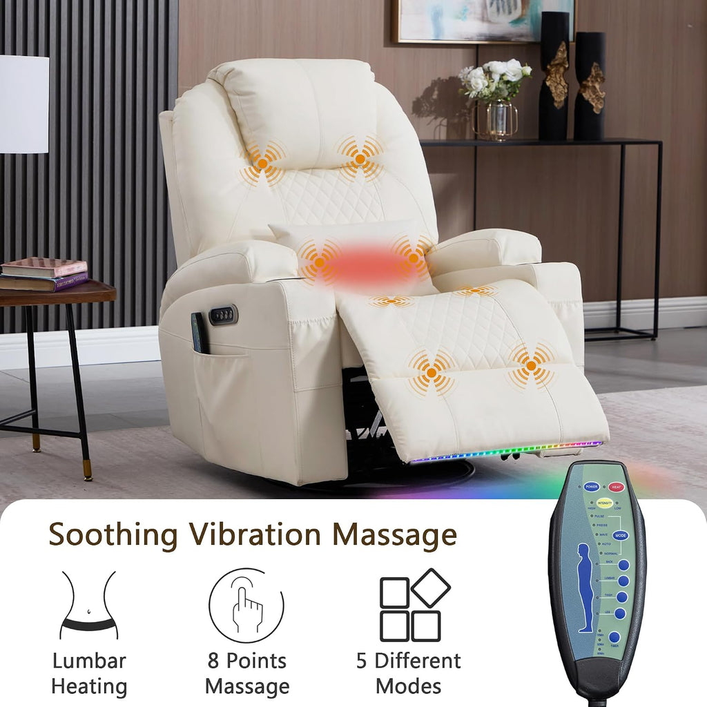 Dual Motor Power Swivel Rocker Recliner Chair with Heat and Massage,Electric Glider Rocking Chairs for Nursery,Theater Seating with LED Lights, USB A/USB C Ports for Living Room (2, Beige)