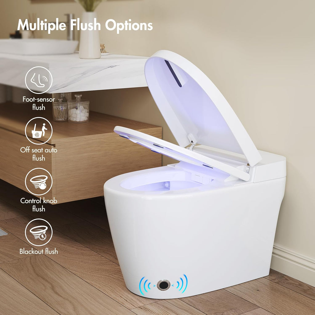 Smart Toilet with Auto Flush and Heated Seat, No Bidet, Foot Sensor Flush, Pre-Wetting, Soft Close Lid, Night Light, Tankless One-Piece Design