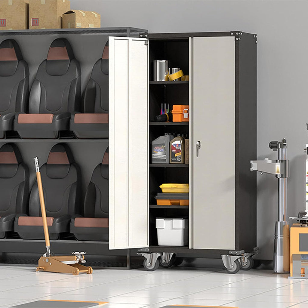 71'' Locking Metal Cabinet with 2 Door and 4 Adjustable Shelves, Lockable Garage Storage Cabinet on Wheels, Rolling Tool Cabinets for Utility Room, Home Office, Assembly Required