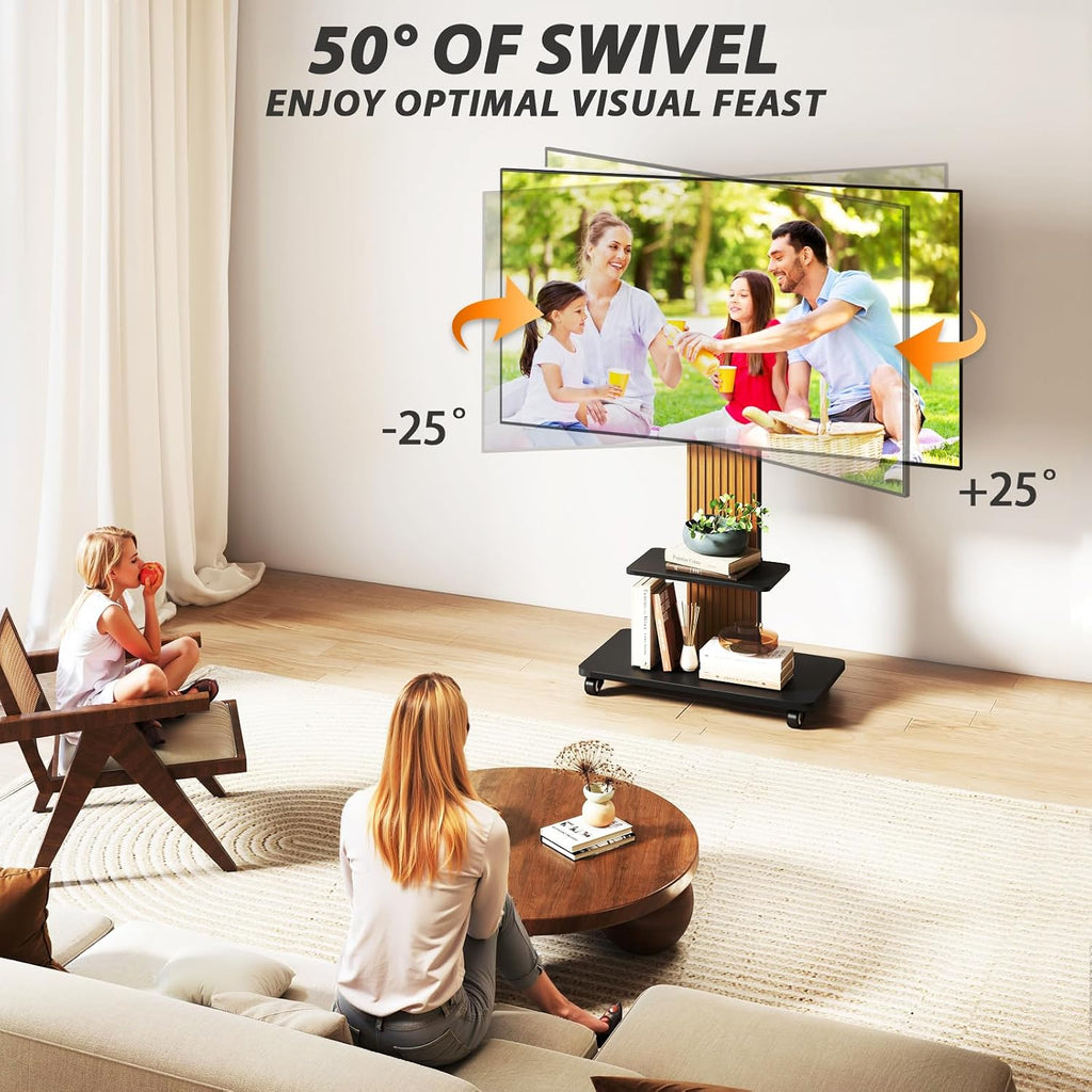 TVON Heavy Duty Rolling TV Stand for 55-90 inch Large TVs up to 150 lbs, Mobile TV Cart with Height Adjustable Mount and Large Storage Shelf, Tall TV Stand with Wooden Base, Black and Walnut