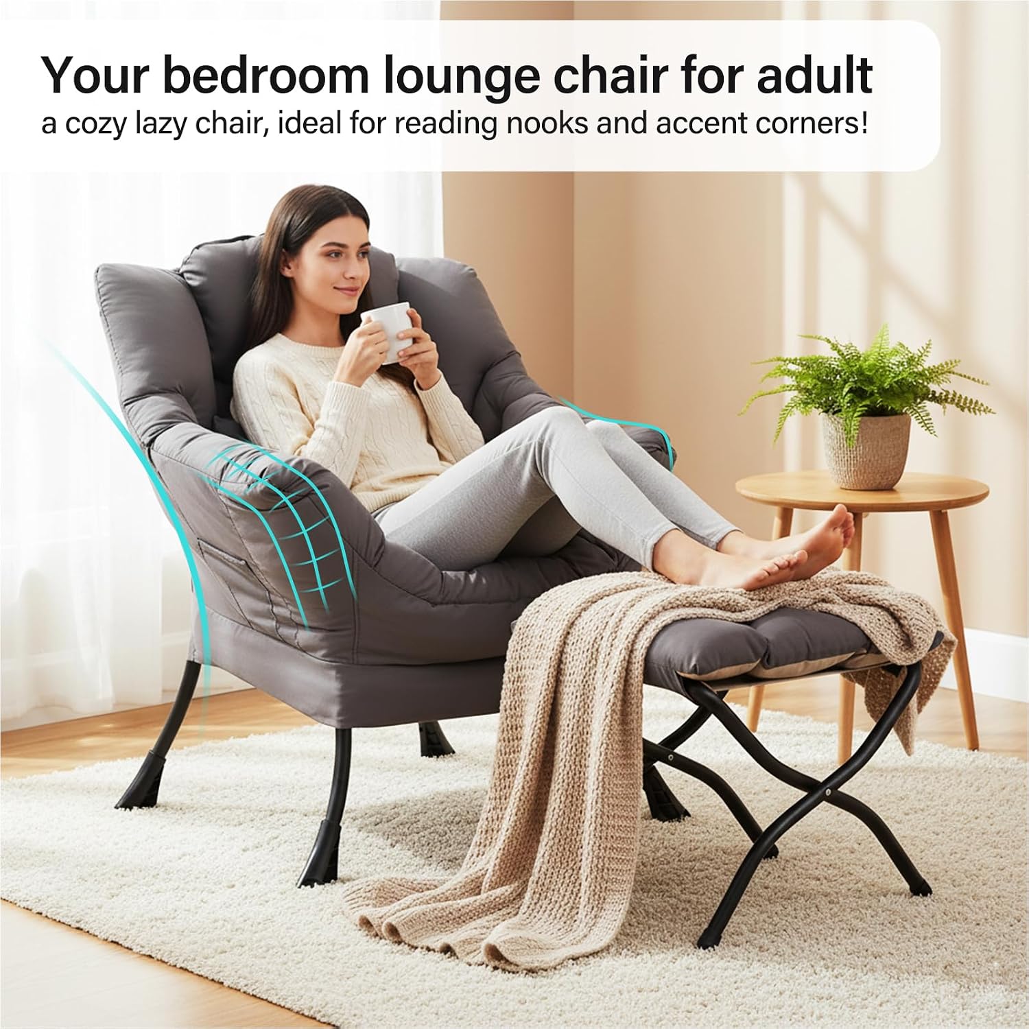 Lazy Chair with Ottoman, Modern Accent Chair with Lumbar Pillow, Dark Grey Sofa, Armchairs with Folding Footrest, Oversized Supportive Chairs for Bedroom, Reading