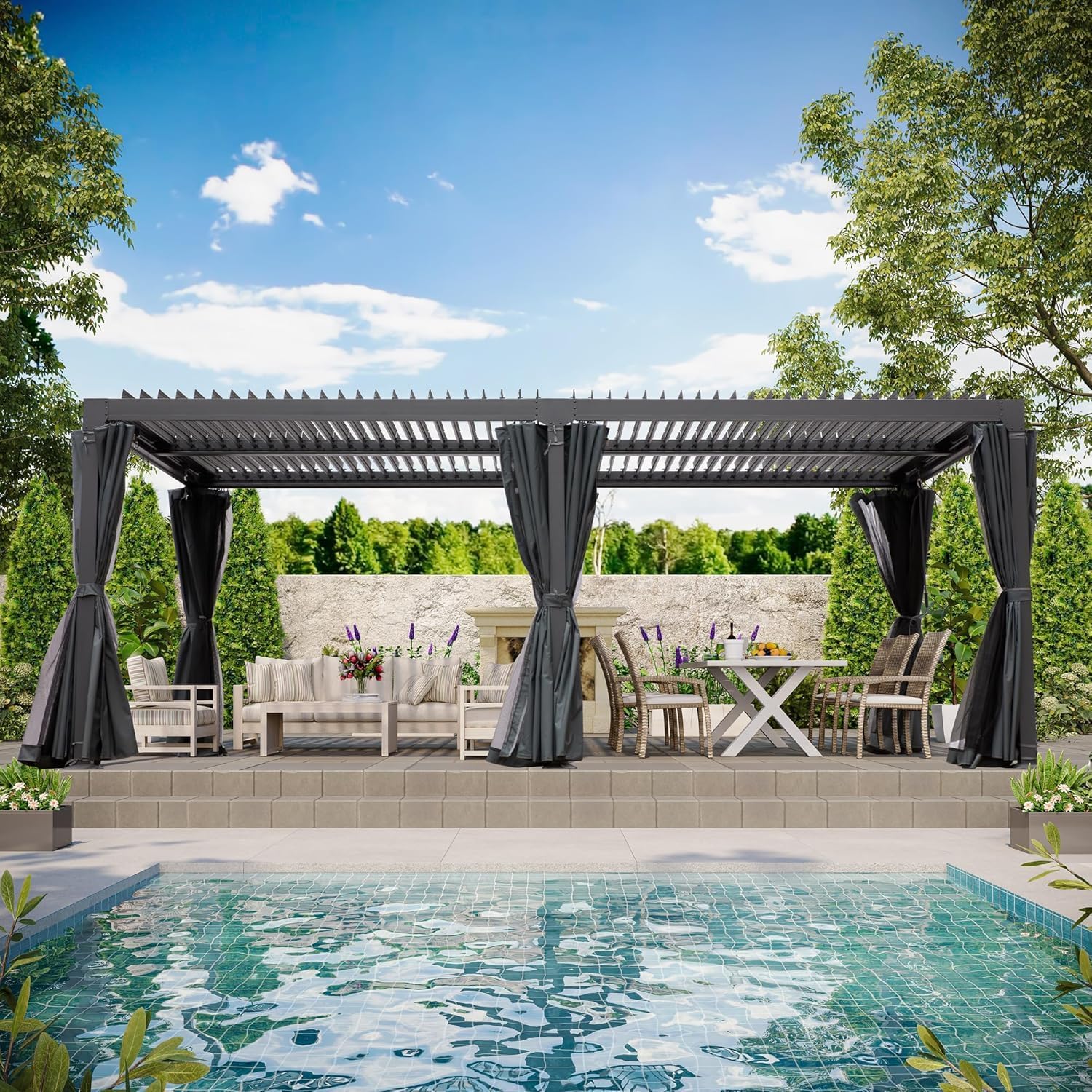 10' × 20' Louvered Pergola, Outdoor Aluminium Canopy with Adjustable Roof Curtains and Netting for Patio, Deck, Garden, Yard, Beach. (Black)