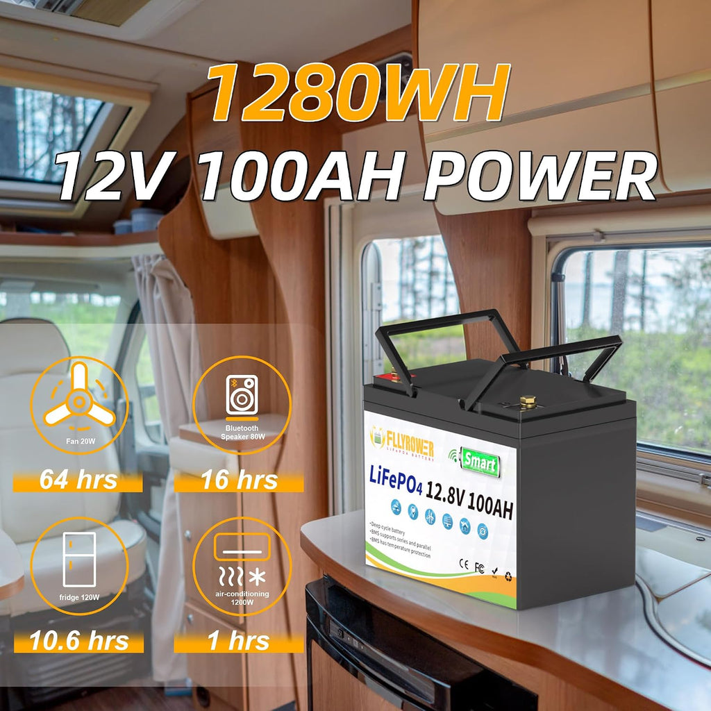FLLYROWER Lithium Battery 12V 100AH With Smart BMS and 17000 Deep Cycles Lifepo4 Battery Grade A Cells for Marine Trolling Motor RV camping Solar Golf Cart Off-Grid