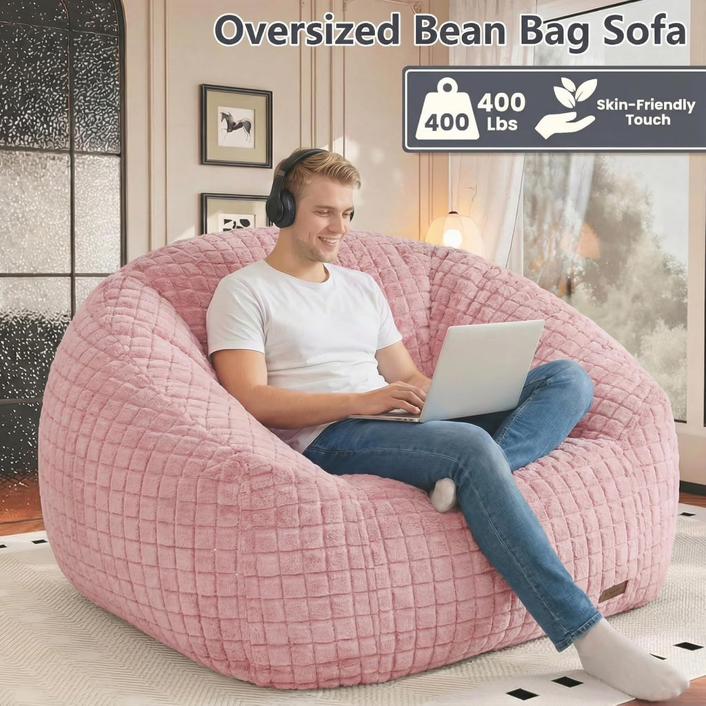 Bean Bag Chairs for Adults, Giant Beanbag Sofa Comfy Reading Chair, Oversized Bean Bag Chairs for Living Room Bedroom, Soft Faux Fur Fabric, 3.2FT, Pink, Checkered