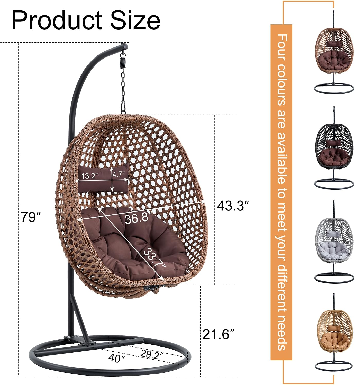 Egg Swing Chair with Stand for Outdoor Indoor, Hanging Egg Chair with Cushion and Pillow, Lounge Chair, Foldable Basket and Metal Stand for Porch, Patio, Bedroom, Balcony,Yard (Brown)