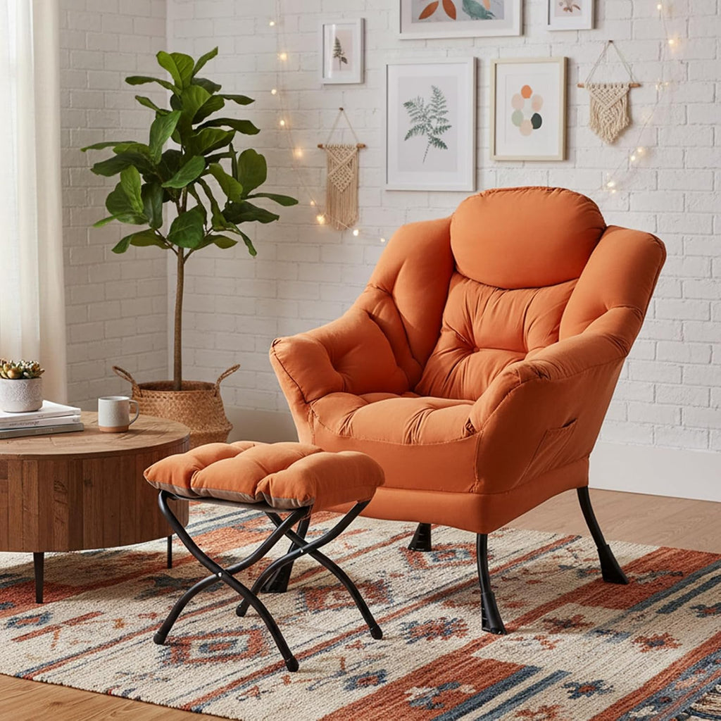 Welnow Lazy Chair with Ottoman for Living Room, Modern Reading Accent Chair with Armrests and a Side Pocket, Leisure Upholstered Lazy Sofa for Small Space, Bedroom, Dorm, Orange