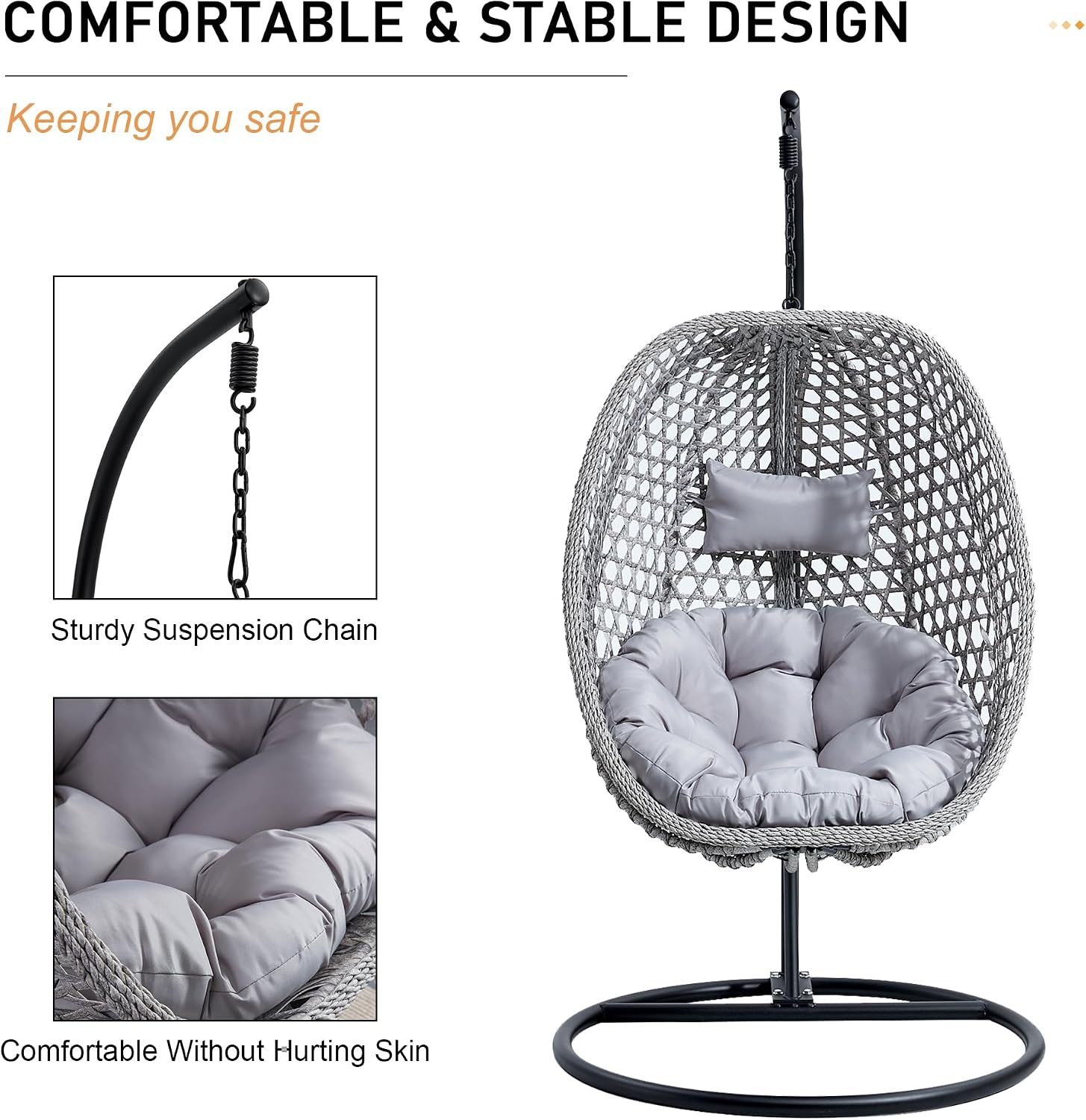 Swining Egg Chair with Stand,Wicker Rattan Hanging Egg Chairs, Patio Swing with UV Resistant Cushion, Outdoor Indoor Hanging with Foldable Basket Metal Stand for Bedroom (Grey-S)