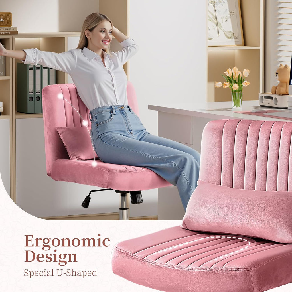 Warmiehomy Velvet Criss Cross Desk Chair with Wheels, Luxury Cross Legged Office Chairs for Home Office, Swivel Wide Seat Vanity Chair, Armless Adjustable Height Gaming Chair Gift, Dusty Rose