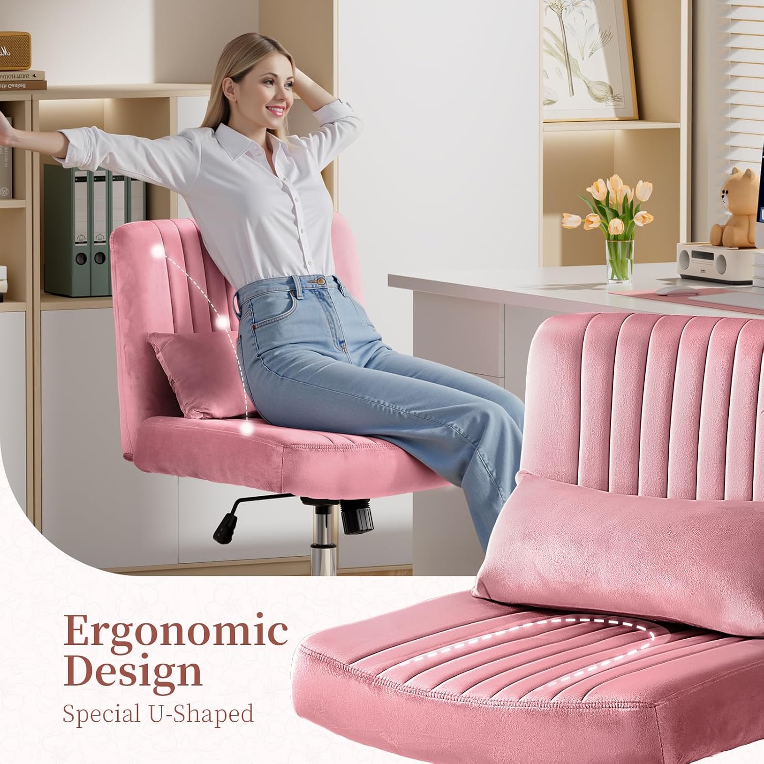 Warmiehomy Velvet Criss Cross Desk Chair with Wheels, Luxury Cross Legged Office Chairs for Home Office, Swivel Wide Seat Vanity Chair, Armless Adjustable Height Gaming Chair Gift, Dusty Rose
