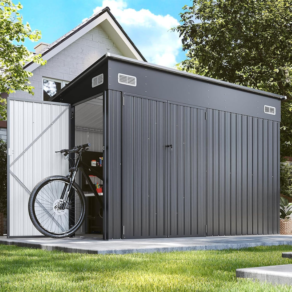 354 cu.ft Shed 9.5x7.4 Ft Premium Galvanized Steel Storage Sheds with Triple Doors Weatherproof Outdoor Utility Sheds, Dual Lock Lean to Shed for Mower, Bike, Generator, Garden Tools (Black)
