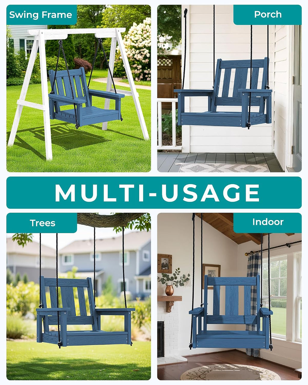 SERWALL HDPE Single Porch Swing, Heavy Duty Single Person Swing Chair with 2 Polypropylene Hanging Ropes, Adirondack Hanging Chair for Outdoor Front Porch Patio Garden Yard, Blue