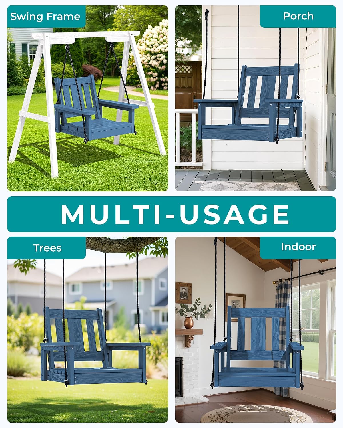 SERWALL HDPE Single Porch Swing, Heavy Duty Single Person Swing Chair with 2 Polypropylene Hanging Ropes, Adirondack Hanging Chair for Outdoor Front Porch Patio Garden Yard, Blue
