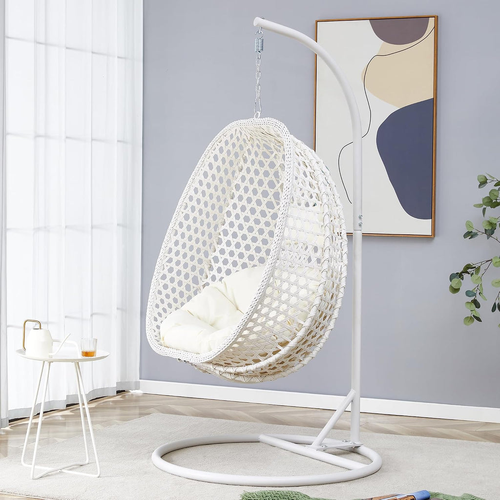 Egg Swing Chair with Stand,Rattan Swing Egg Chair with Stand, White Hanging Egg with Soft Cushion, Outdoor Hanging with Foldable Basket and Metal Stand for Bedroom Patio