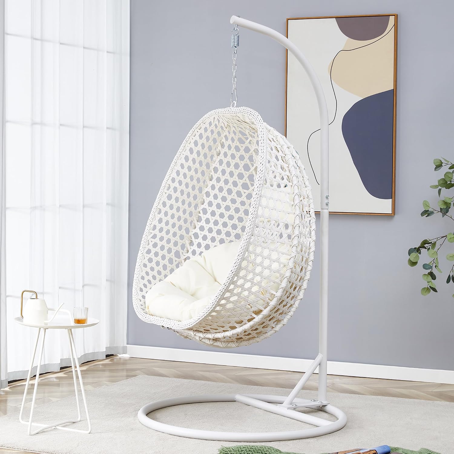 Egg Swing Chair with Stand,Rattan Swing Egg Chair with Stand, White Hanging Egg with Soft Cushion, Outdoor Hanging with Foldable Basket and Metal Stand for Bedroom Patio