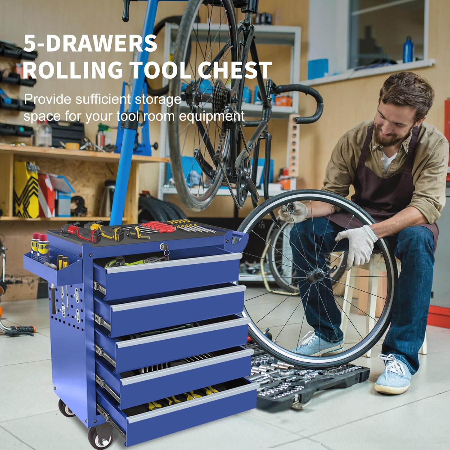 Rolling Tool Chest with Wheels, 5 Drawers Tool Storage Cabinet, Portable Metal Tool Box Organizer with Lock, Tool Cart on Wheels Toolbox Workbench for Garage, Workshop, Warehouse(Required Assembly)