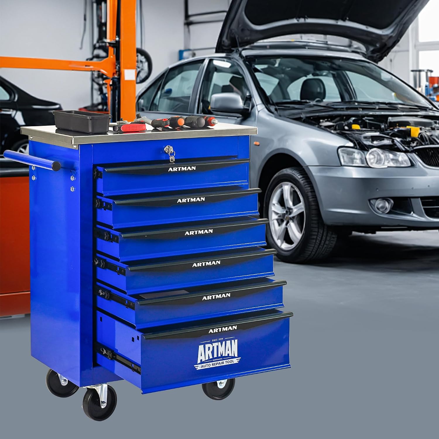Campfun Tool Cart on Wheels 6 Drawers Rolling Tool Chest Workbench, Metal Tool Cabinet with Extra 7 Tool Storage Boxes, Tool Chest Combo Portable Mechanic Tool Cart for Garage Workshop Warehouse