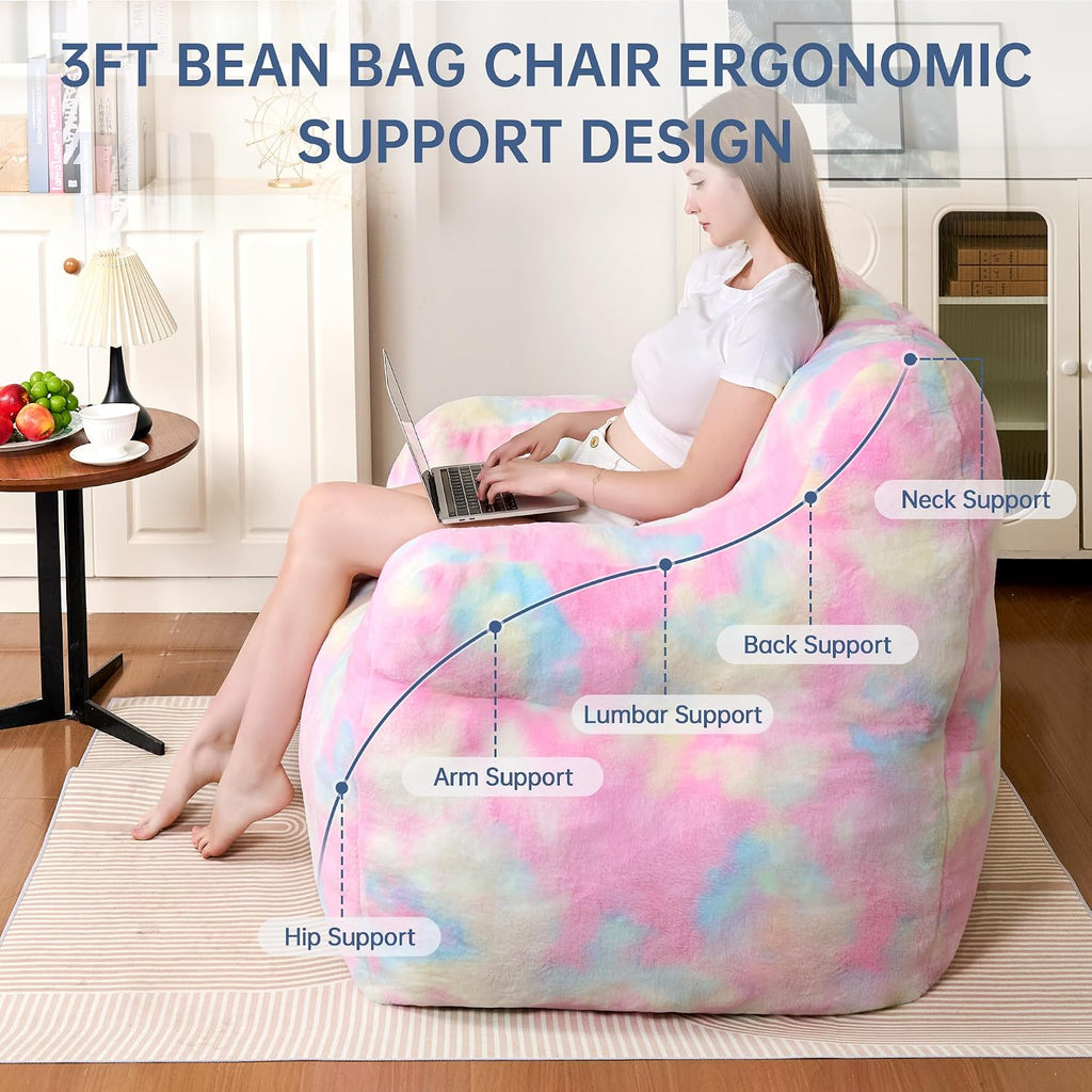 Cvortll Large Bean Bag Chairs for Adults & Teens & Kids, 3FT Memory Foam Bean Bags with Filler, Ultra Soft Faux Fur - Fluffy Bean Bag Chair for Living Room Bedroom College Dorm (Colorful Rainbow)
