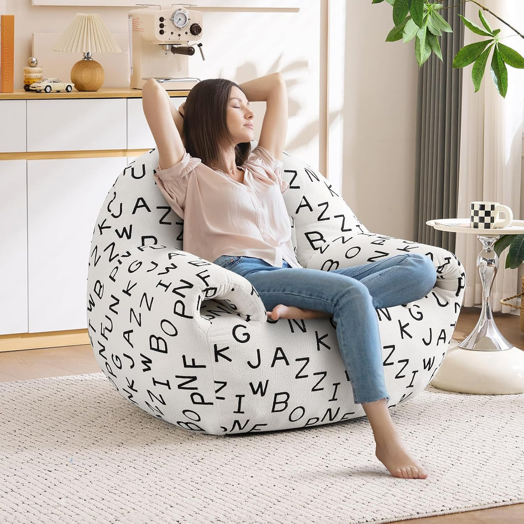 DAICO Bean Bag Chairs for Adults Comfy Bean Bag Sofa Chair with Armrests Plush Single Lazy Floor Sofas Accent Chair with Foam for Living Room Bedroom Reading Gaming Office (Letter White)