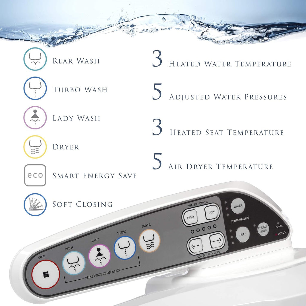 Lotus Bidet Seat ATS-800 Elongated, Heated Seat, Temperature Controlled Wash, Warm Air Dryer, Easy DIY Installation, Made in Korea