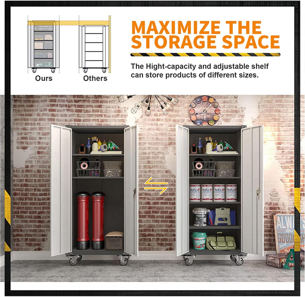 Metal Storage Cabinet with Wheels,71' Tall Garage Cabinet with 2 Doors and 4 Adjustable Shelves,Heavy Duty Broom Closet Storage Cabinet & Locking Cabinet for Home Office Warehouse